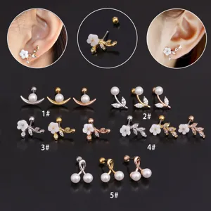 Stainless Steel Rhinestone Floral Crescent Moon Heart Stud Earrings For Unisex Trendy Piercing Jewelry Cartilage Earring Post