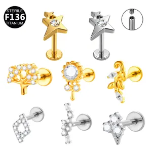 F136 Titaniumlegering Interne Schroefdraad Labret Kraakbeen Piercing Sieraden Ster Bloem Blad Strass Oorbel Voor Unisex