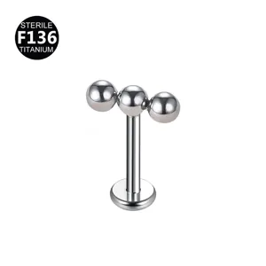 Titanium driekogel labret knop piercing detail, lichaamsjuweel van implantraatkwaliteit.