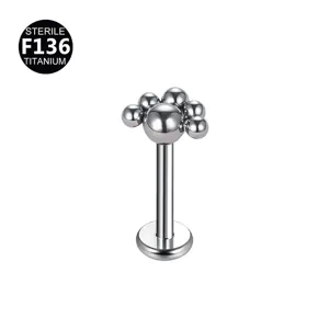 Titanium cluster labret piercing stekker, steriele F136 lichaamssieraad detail.