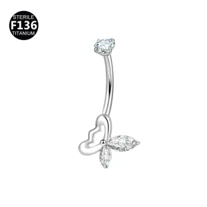 Piercing para ombligo de titanio con circonita cúbica brillante y diseño de mariposa.
