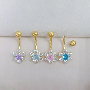 Piercing para ombligo de titanio F136 con flores de circonita de colores y bola extra.
