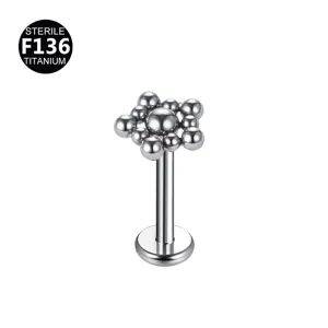 Titanium labret lip piercing met kraal bloem cluster opzetstuk, oorbel kraakbeen.