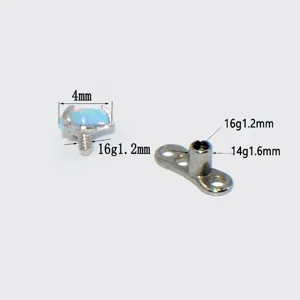 Titanium steel dermal anchor piercing jewelry set with opal top and threaded base.
