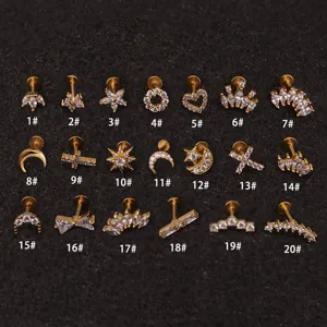 Edelstahl Labret Piercing Stecker Set mit zwanzig verschiedenen funkelnden Zirkonia Stilen.