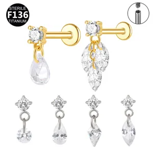 F136 Titanium Alloy Rhinestone Labret Stud Internal Thread Cartilage Piercing Geometric Drop Dangle Lip Ear Bone Stud Jewelry