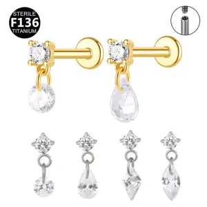F136 titanium crystal dangling cartilage piercing stud earrings set, body jewelry wholesale