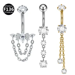 Titanium Alloy Butterfly Tassel Chain Pendant Belly Button Ring Internally Threaded Rhinestone Inlaid Piercing Jewelry For Party Unisex