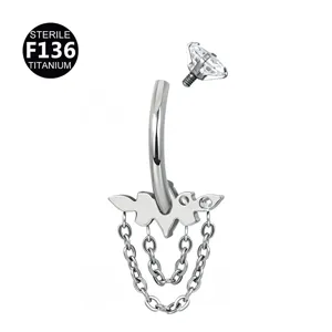 Titanium F136 navel ring with zircon butterfly pendant and delicate dangling chains for women.
