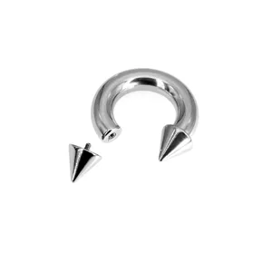 Titanium horseshoe ring body piercing jewelry with sharp cone spike design close detail view