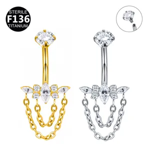 New F136 Titanium Zirconia Butterfly Chain Dangle Belly Button Ring Piercing Jewelry