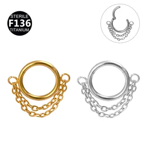 Titanium hinged segment ring with multi-chain dangles, body piercing jewelry in gold and silver.