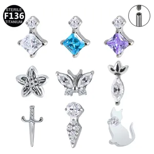Titanlegierung Strass Piercing Schmuck Innengewinde Flache Rückseite Labret Ohrknorpelringe Katze Schmetterling Dolch Lippenstecker Körperschmuck Unisex