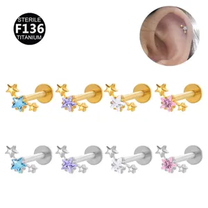 F136 Titaniumlegering 3-Sterren Bloem Labret Oorknopje Met Zirconia Ingelegd Interne Schroefdraad Lipring Kraakbeen Piercing Sieraden