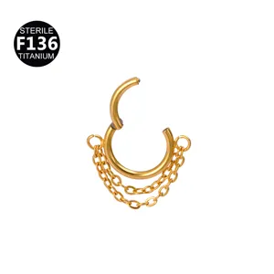 Titanium hinged segment ring with chain tassels, ASTM F136 body piercing jewelry gold.