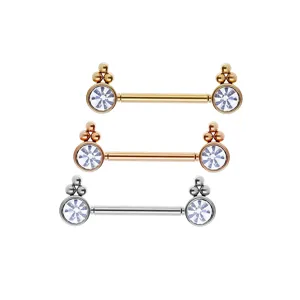Stainless steel crystal nipple piercing barbell jewelry in gold, rose gold and silver.