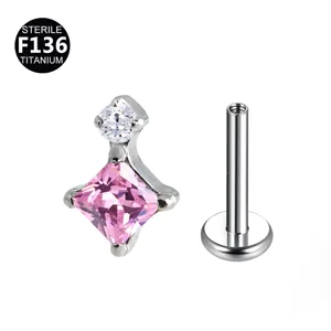 F136 Titan Piercing Schmuck mit rosa Zirkonia Stein und praktischem internem Gewinde Stab.