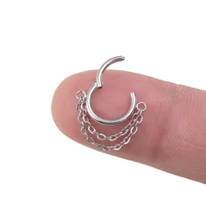 Detail shot of titanium alloy double chain hoop earring, showcasing exquisite silver link texture.