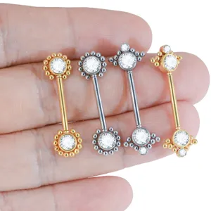 Stainless steel nipple ring barbell body piercing jewelry with sparkling crystal sun flower design.