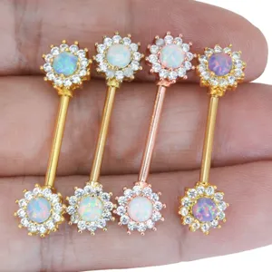 Stainless steel opal flower nipple piercing jewelry detail featuring vibrant synthetic opals.