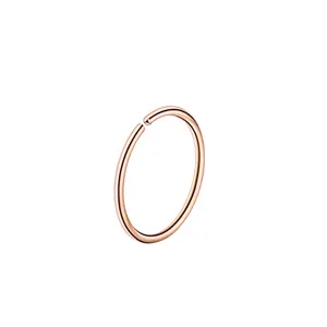 Gedetailleerde close-up van een minimalistische roosgouden roestvrijstalen neusring piercing.