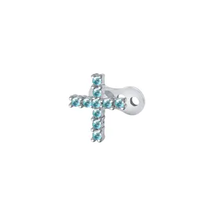 Top per piercing microdermico a croce in acciaio inossidabile con dettagli in zircone blu.