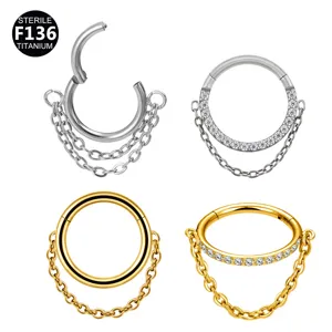 Titanium hinged segment ring earrings with double chains for body piercing jewelry.