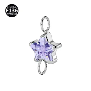 Composant de piercing corporel en etoile en titane F136 avec cristal violet et anneaux.