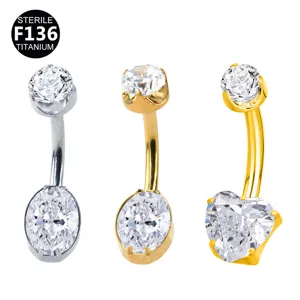 F136 Titanium Heart Oval Zirconia Belly Button Ring Internal Thread Body Piercing Jewelry For Women Men Unisex Decorative Accessory