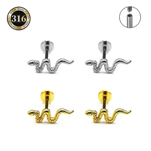 Σκουλαρίκι Labret από Ανοξείδωτο Ατσάλι 316L σε Σχήμα Φιδιού για Γυναίκες Άνδρες Κοσμήματα Διάτρησης Χρυσό Ασημί Φίδι Helix Tragus