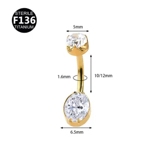 Detail view of titanium navel ring with cubic zirconia stones and clear size dimensions.