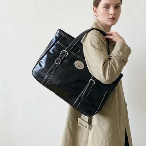 Women Large Capacity PU Leather Tote Bag Vintage Shiny Shoulder Bag With Silver Swivel Lock Commuting Work Bag For Lady