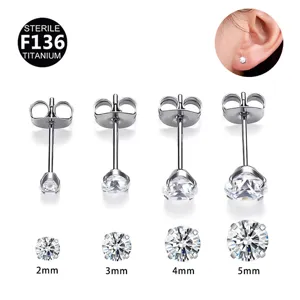 Boucles d'Oreilles Clous en Titane F136 Zirconia Clair Solitaire Rond Bijoux de Piercing Fermoir Papillon Pour Oreilles Sensibles