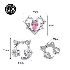 F136 Titan Piercing Schmuck Set, Dornen Herz und Katzenkopf Ohrstecker Design.