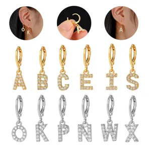 Stainless Steel Rhinestone Alphabet Initial Hoop Earrings Gold Silver Plated English Letter Cartilage Piercing Jewelry For Men Women