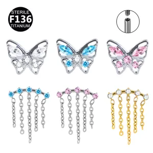 F136 Titan Innengewinde Labret Stecker Piercing Schmetterling Quaste Zirkonia Ohrknorpel Schmuck Unisex Piercing
