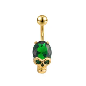Piercing de ombligo de acero inoxidable dorado con craneo de cristal verde joya