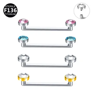 Titanium F136 Internally Threaded Surface Bar Piercing Jewelry Double Rhinestone Labret Base Clavicle Piercing Studs Geometric Punk Body Jewelry For Unisex