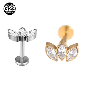 G23 Titanium Labret Lip Ring Piercing Body Jewelry with Triple Marquise Zircon Stones