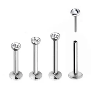 Internal threaded labret piercing stud with clear zircon stone, durable metal body jewelry accessory.