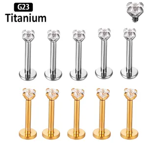 G23 titanium labret piercing stud with sparkling 5A cubic zirconia internal thread detail