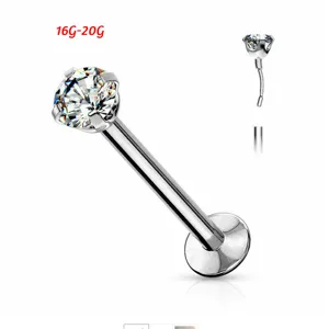 Detailed view of stainless steel labret lip ring stud with sparkling round cubic zirconia.