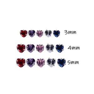Heart-shaped 5A zircon piercing studs jewelry in 3mm 4mm 5mm sizes with multiple vibrant colors.
