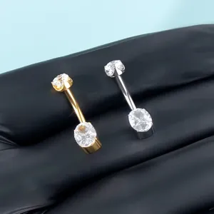 Titanium belly button ring with claw-set cubic zirconia for body piercing jewelry detailed view.