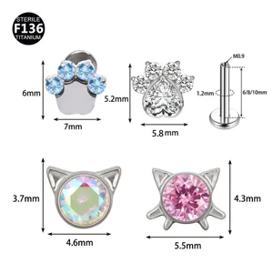 F136 Titan niedliche Katzenpfote Labret Piercing Schmuck Set mit funkelnden Zirkonias