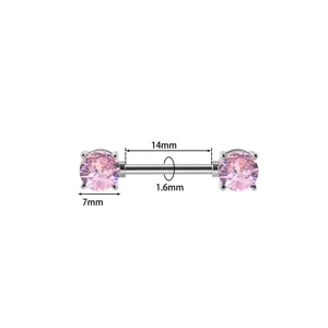 Detailed close-up view of the stainless steel pink cubic zirconia nipple ring piercing.