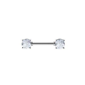 Detail view of surgical steel straight barbell nipple ring with sparkling clear cubic zirconia stones.
