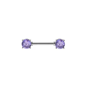 Detailed view of 1.6x14mm external thread nipple ring with purple cubic zirconia stones.