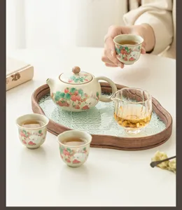 Ceramic kung fu tea set with strawberry rabbit design, ru kiln teapot and cups for home.