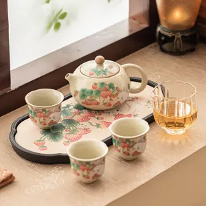 Strawberry Rabbit Ru Ware Ceramic Kung Fu Tea Set One Pot Three Cups With Tray Portable Travel Tea Ceremony Gift Set